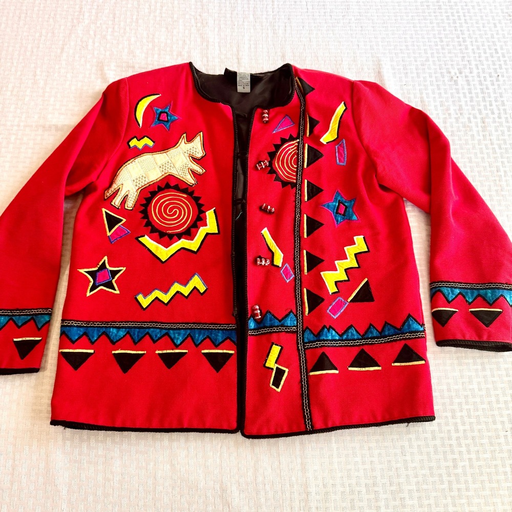 Indigo Moon Vintage Wearable Art Jacket Red Celestial Animal Embroidered Small